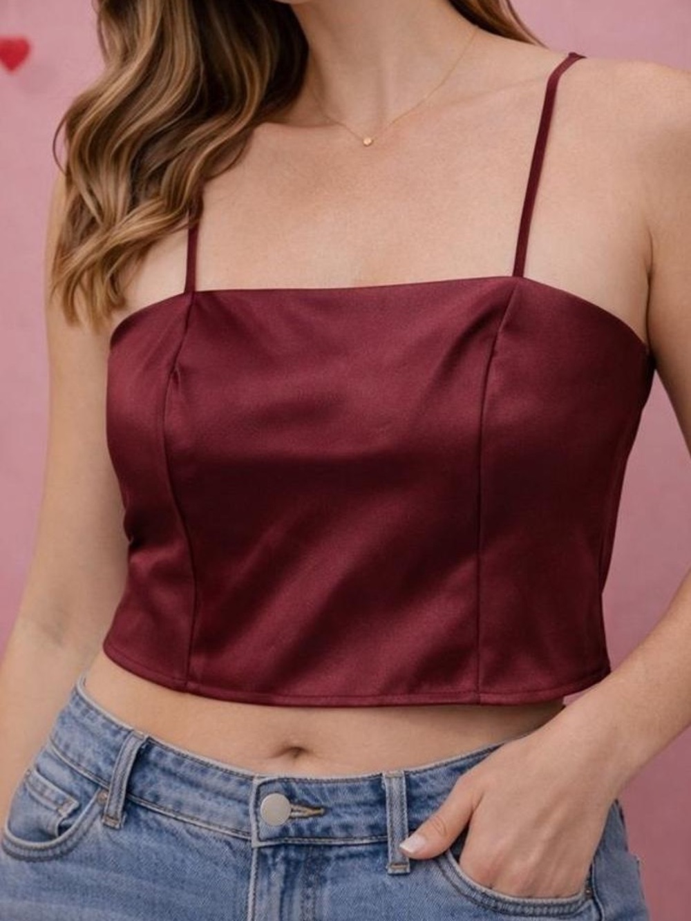 a new day Satin Crop Cami Top - Burgundy